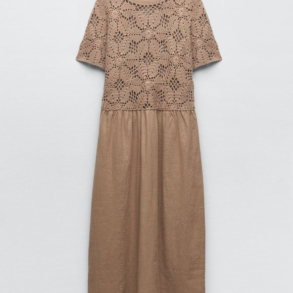 NWT ZARA MIXED MACRAMÉ KNIT MIDI DRESS EARTH - REF. 3653/011 S - Picture 5 of 7